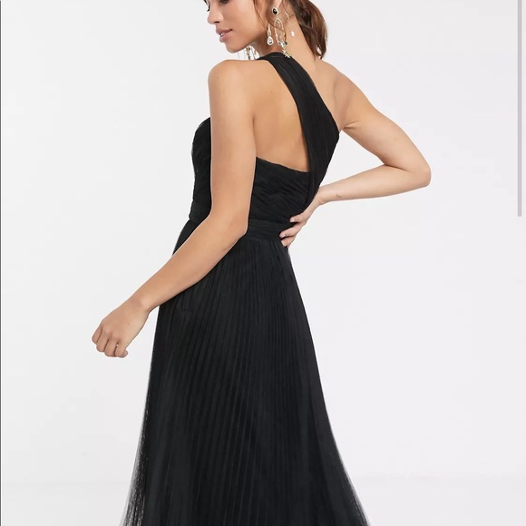 ASOS Black One Shoulder Tulle Wired Hem Midi Dress - Picture 2 of 3